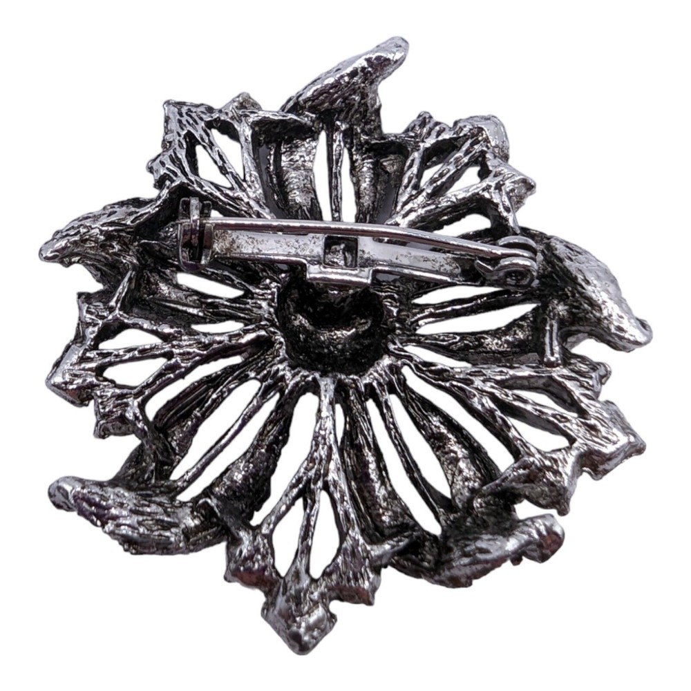 Vintage Aurora Borealis Rhinestone Silver Tone Flower Leaf Estate Brooch Pin - Picture 5 of 6
